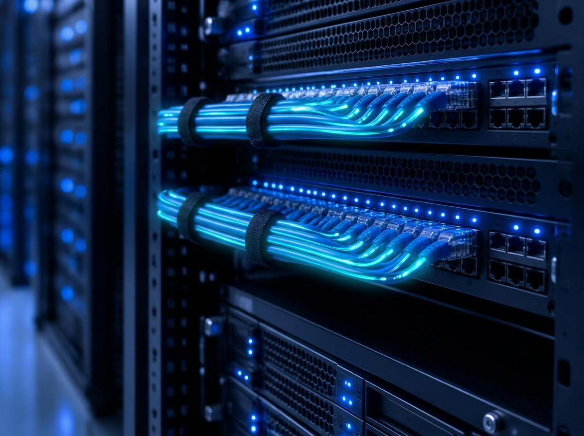 Organized network switch and server rack with blue patch cables